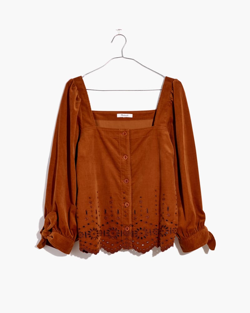 Front of a size 1X HARRISON EYELET TOP IN BABYCORD in Brown by Madewell. | dia_product_style_image_id:235559